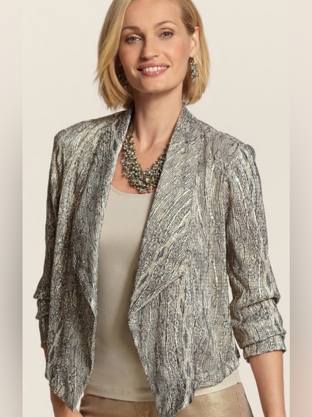 NEW Chico's drape front jacket metallic crinkle gold NWT festive snakeskin XL